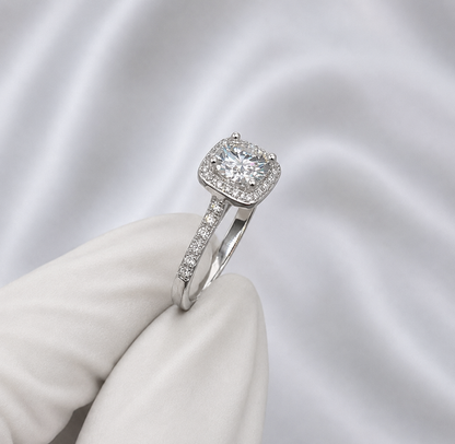 1ct Moissanite Halo Pavé Setting Engagement and Proposal Ring | White Gold Plated S925 | VVS1 | LED Heart Box