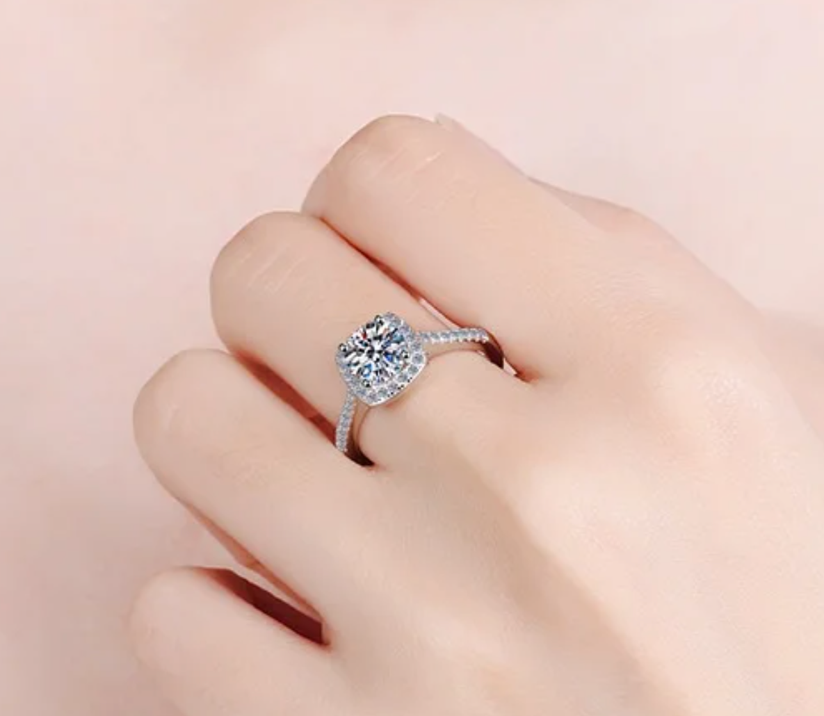 Certified 1Ct Moissanite Diamond Proposal Ring for Women – S925 Silver White Gold Plated | Red LED Gift Heart Shape Ring Box Included