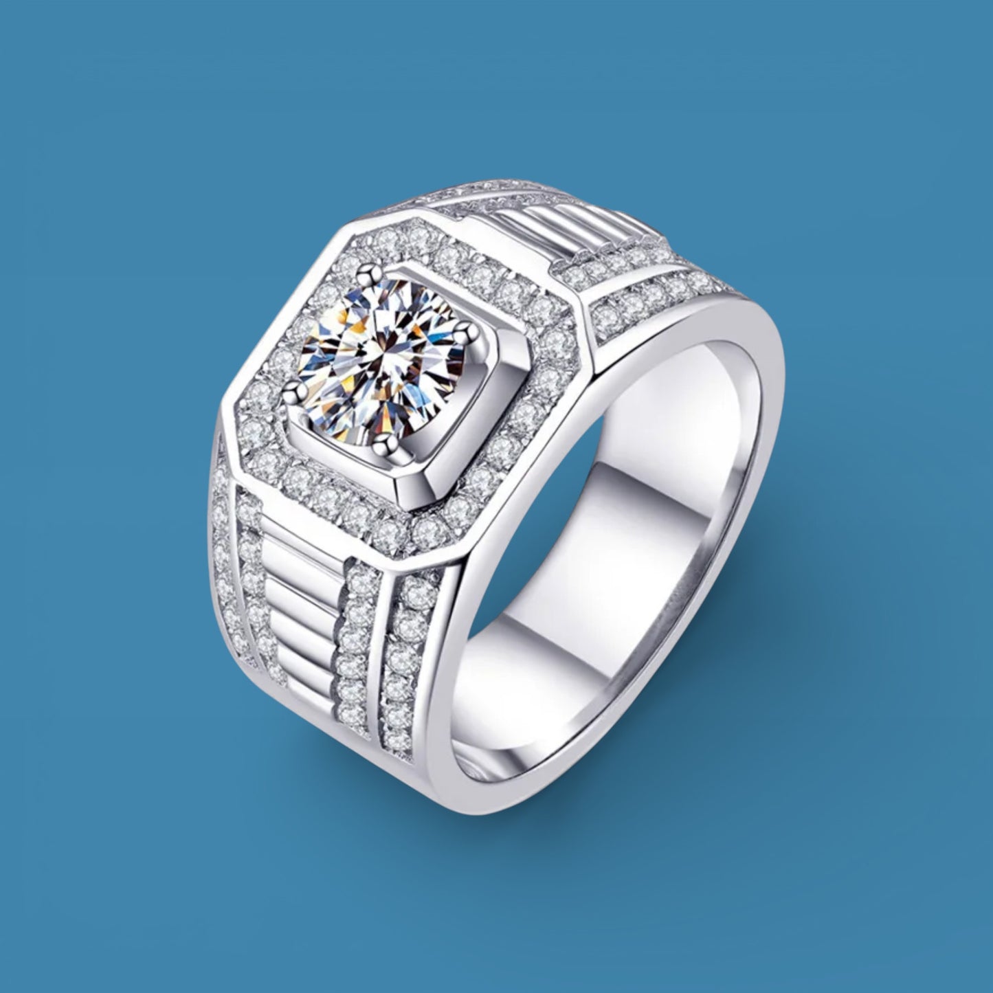 Men's 1Ct Moissanite Ring, Round Cut, 925 Sterling Silver, VVS1 Clarity, Gift Ring Box Included