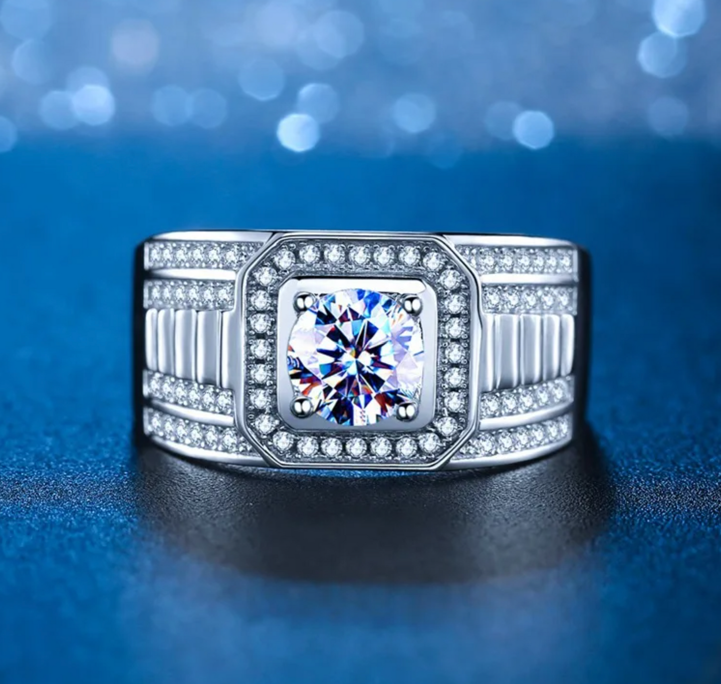 Men's 1Ct Moissanite Ring, Round Cut, 925 Sterling Silver, VVS1 Clarity, Gift Ring Box Included