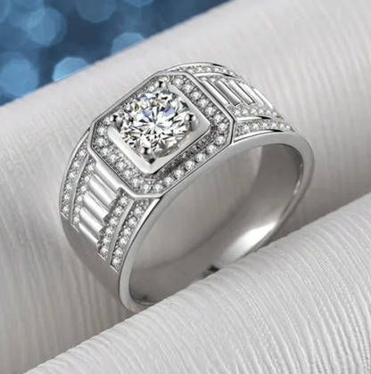 Men's 1Ct Moissanite Ring, Round Cut, 925 Sterling Silver, VVS1 Clarity, Gift Ring Box Included