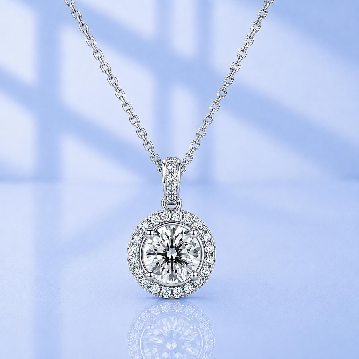 1 Ct Round Moissanite Halo Pendant Necklace | D VVS1 | 18K Gold Plated 925 Sterling Silver