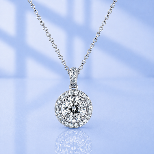1 Ct Round Moissanite Halo Pendant Necklace | D VVS1 | 18K Gold Plated 925 Sterling Silver