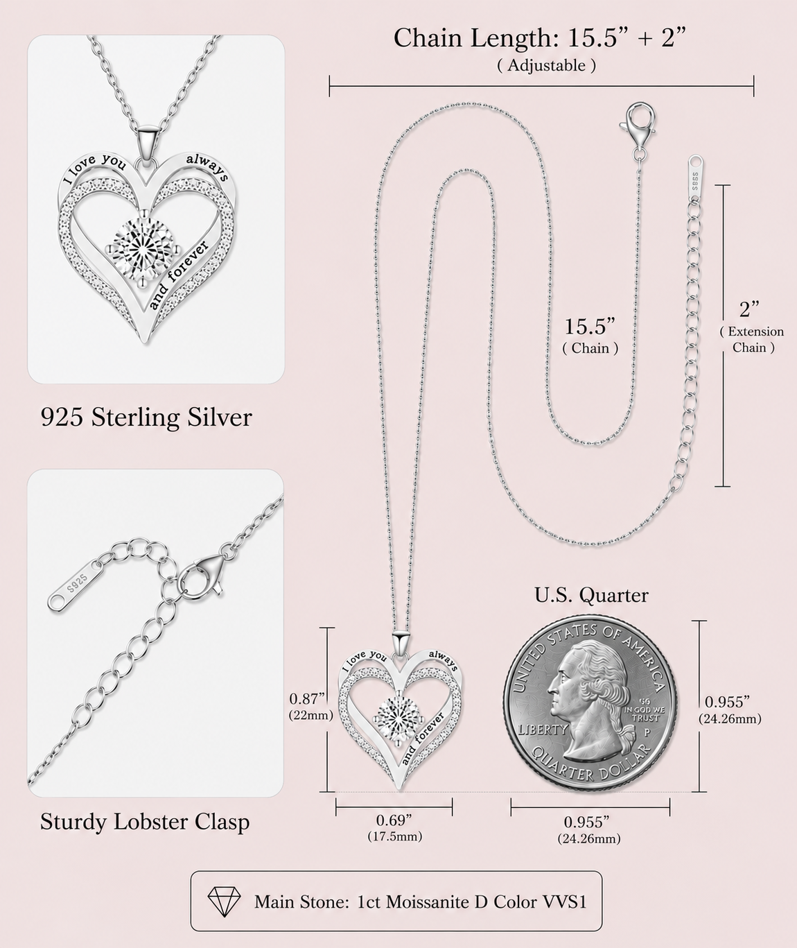 1ct Moissanite Double Ring Love Heart Necklace | S925 Silver | VVS1