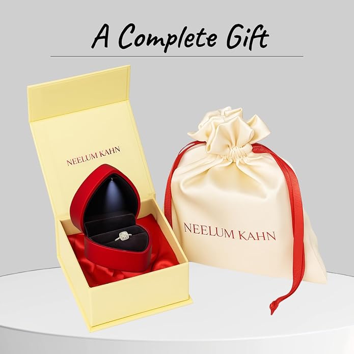 Certified 1Ct Moissanite Diamond Proposal Ring for Women – S925 Silver White Gold Plated | Red LED Gift Heart Shape Ring Box Included