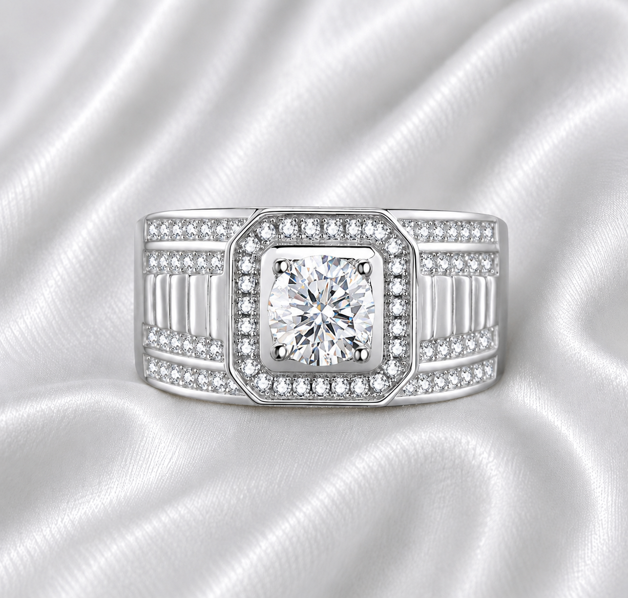 1ct Moissanite Men's Ring | Round Cut | S925 Silver | VVS1