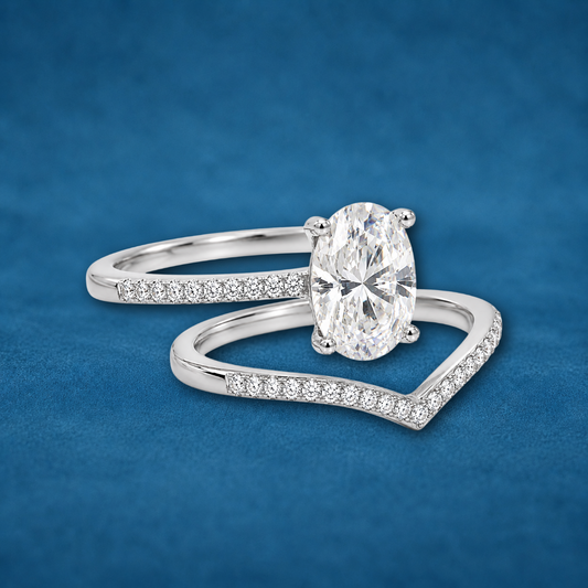 Certified 2.19ct Oval Moissanite Hidden Halo Band Set | S925 Silver | VVS1 | 2 Rings