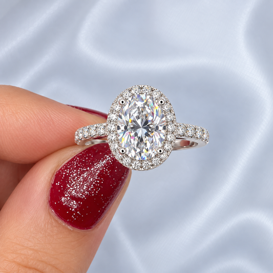 2ct+ Oval Halo Moissanite Engagement Ring | Sterling Silver | Pavé Band
