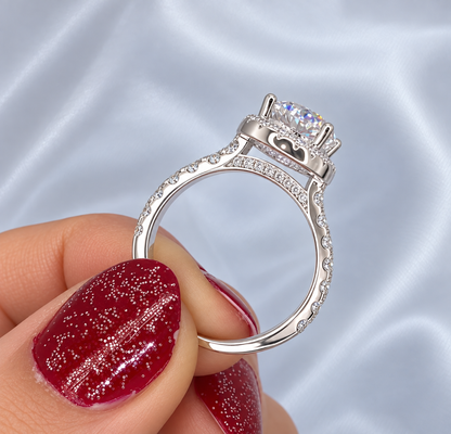 2ct+ Oval Halo Moissanite Engagement Ring | Sterling Silver | Pavé Band