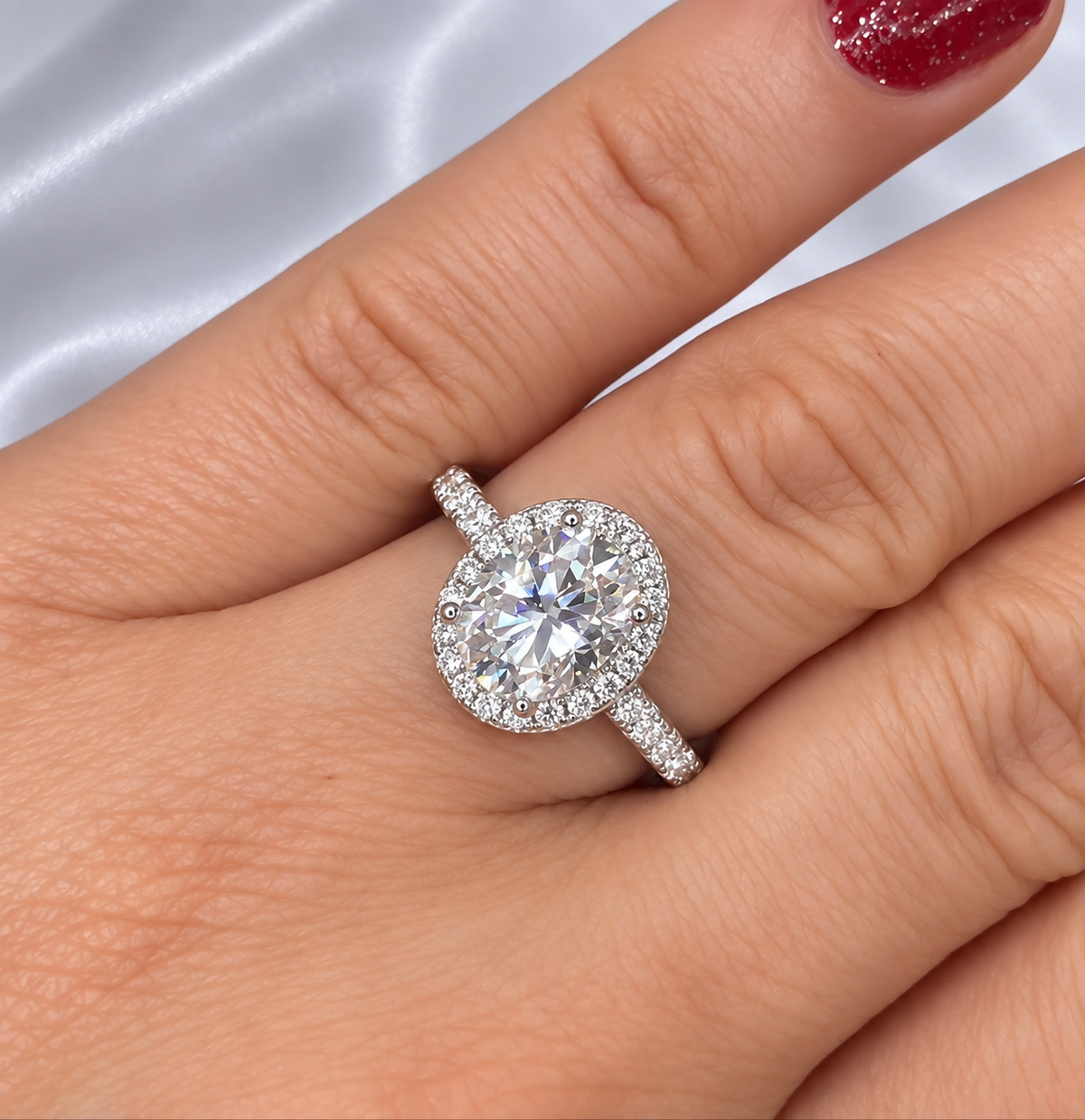 2ct+ Oval Halo Moissanite Engagement Ring | Sterling Silver | Pavé Band