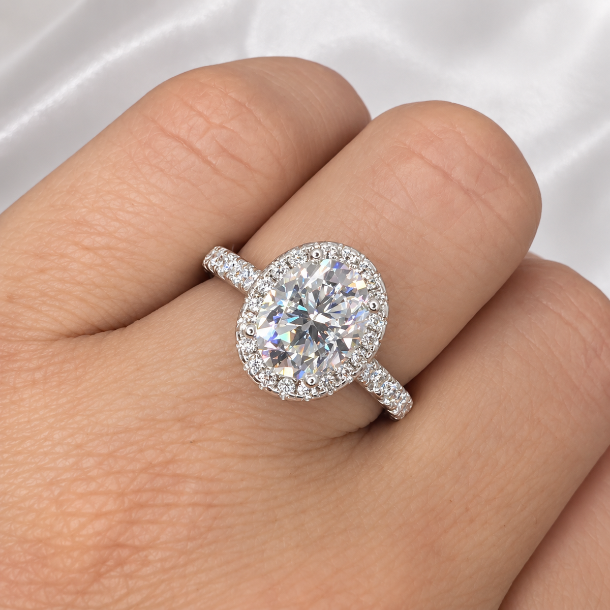 2ct+ Oval Halo Moissanite Engagement Ring | Sterling Silver | Pavé Band