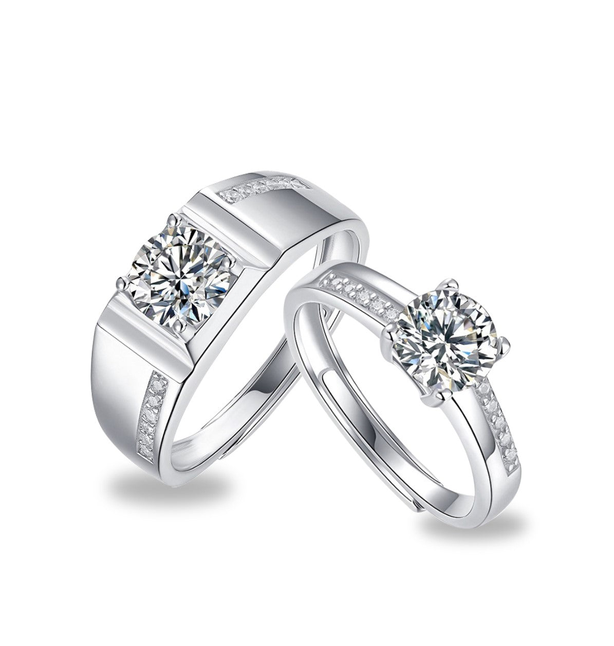 Certified 2Ct (1Ct Each) Moissanite S925 Silver Couple Adjustable Rings With Wooden Heart Ring Box