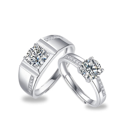 Certified 2Ct (1Ct Each) Moissanite S925 Silver Couple Adjustable Rings With Wooden Heart Ring Box