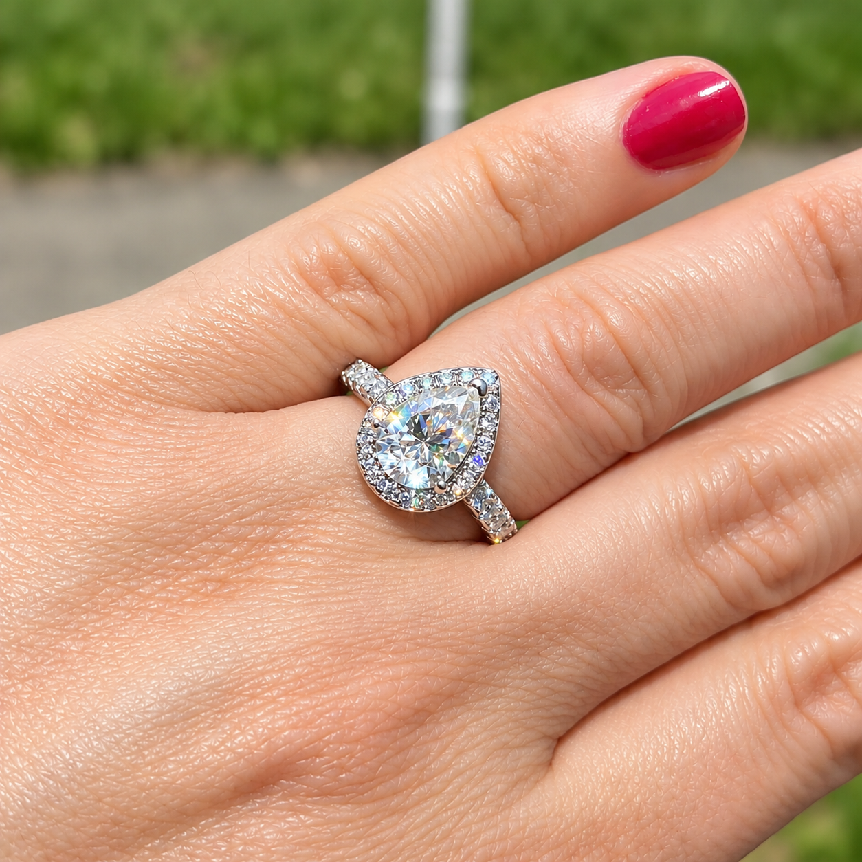 2Ct+ Pear Halo All Moissanite Engagement Ring | 925 Sterling Silver | D Color VVS1