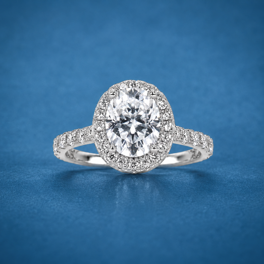 2ct+ Oval Halo Moissanite Engagement Ring | Sterling Silver | Pavé Band