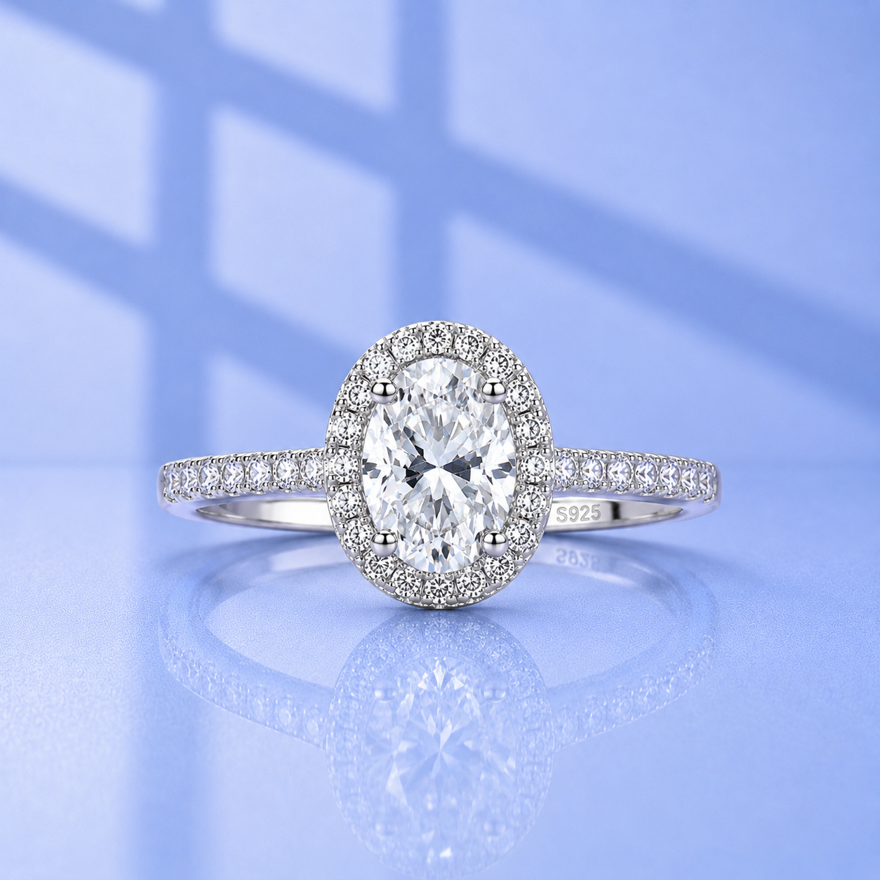 2ct+ Oval Halo Moissanite Engagement Ring | Sterling Silver | Pavé Band