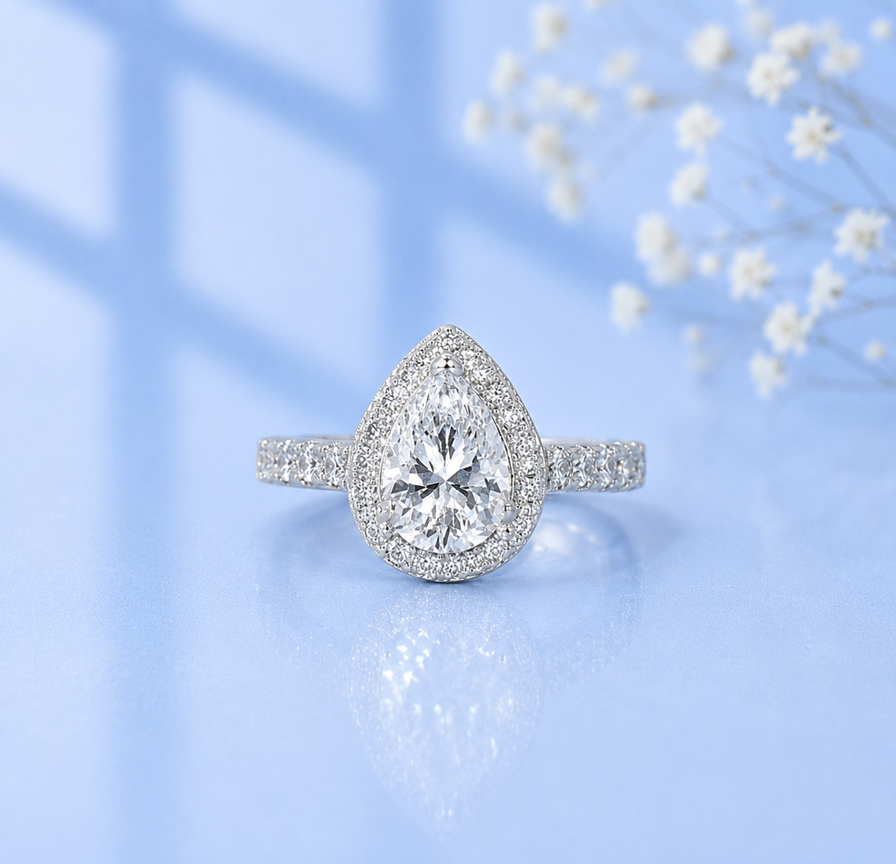 2Ct+ Pear Halo All Moissanite Engagement Ring | 925 Sterling Silver | D Color VVS1