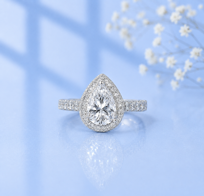 2Ct+ Pear Halo All Moissanite Engagement Ring | 925 Sterling Silver | D Color VVS1