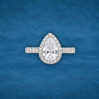 2Ct+ Pear Halo All Moissanite Engagement Ring | 925 Sterling Silver | D Color VVS1