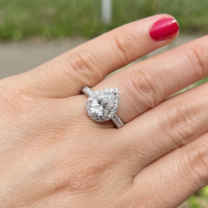 2Ct+ Pear Halo All Moissanite Engagement Ring | 925 Sterling Silver | D Color VVS1