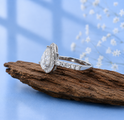 2Ct+ Pear Halo All Moissanite Engagement Ring | 925 Sterling Silver | D Color VVS1