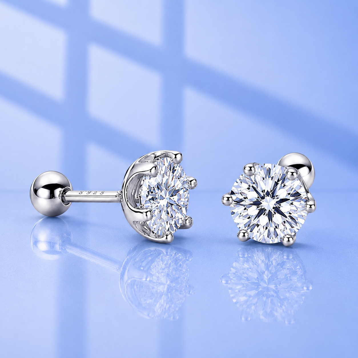 Round Moissanite Stud Earrings, 18K Gold Plated Sterling Silver, Screw Back