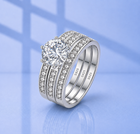 2ct Moissanite Round Cut Wedding Band Set | S925 Silver | VVS1 | 3 Rings Set