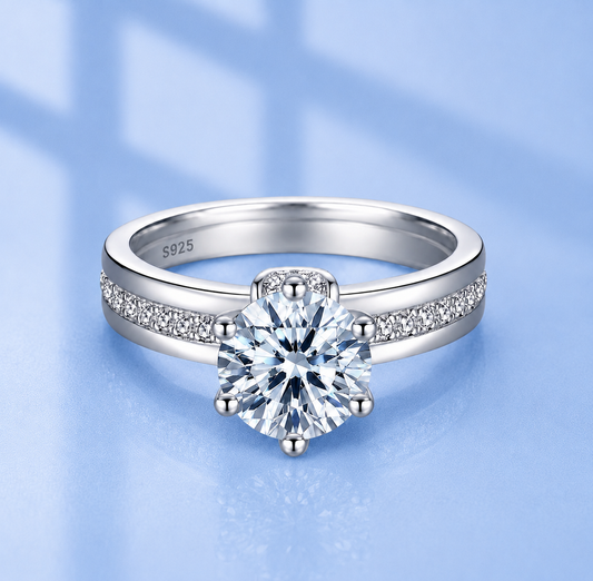 2ct Moissanite Wide Band Halo Ring | Platinum Plated S925 Silver | VVS1