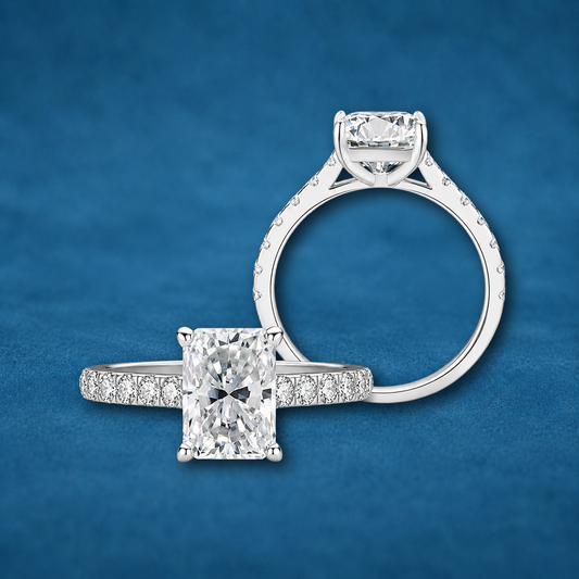 Certified 3ct Radiant Cut Moissanite French Pavé Engagement Ring | S925 Silver | D Color VVS1