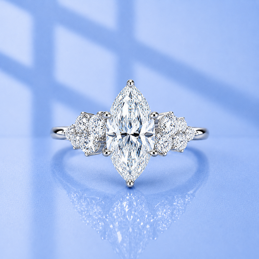 3 Carat + Marquise Cut Moissanite Engagement Ring | 18K White Gold Plated Sterling Silver