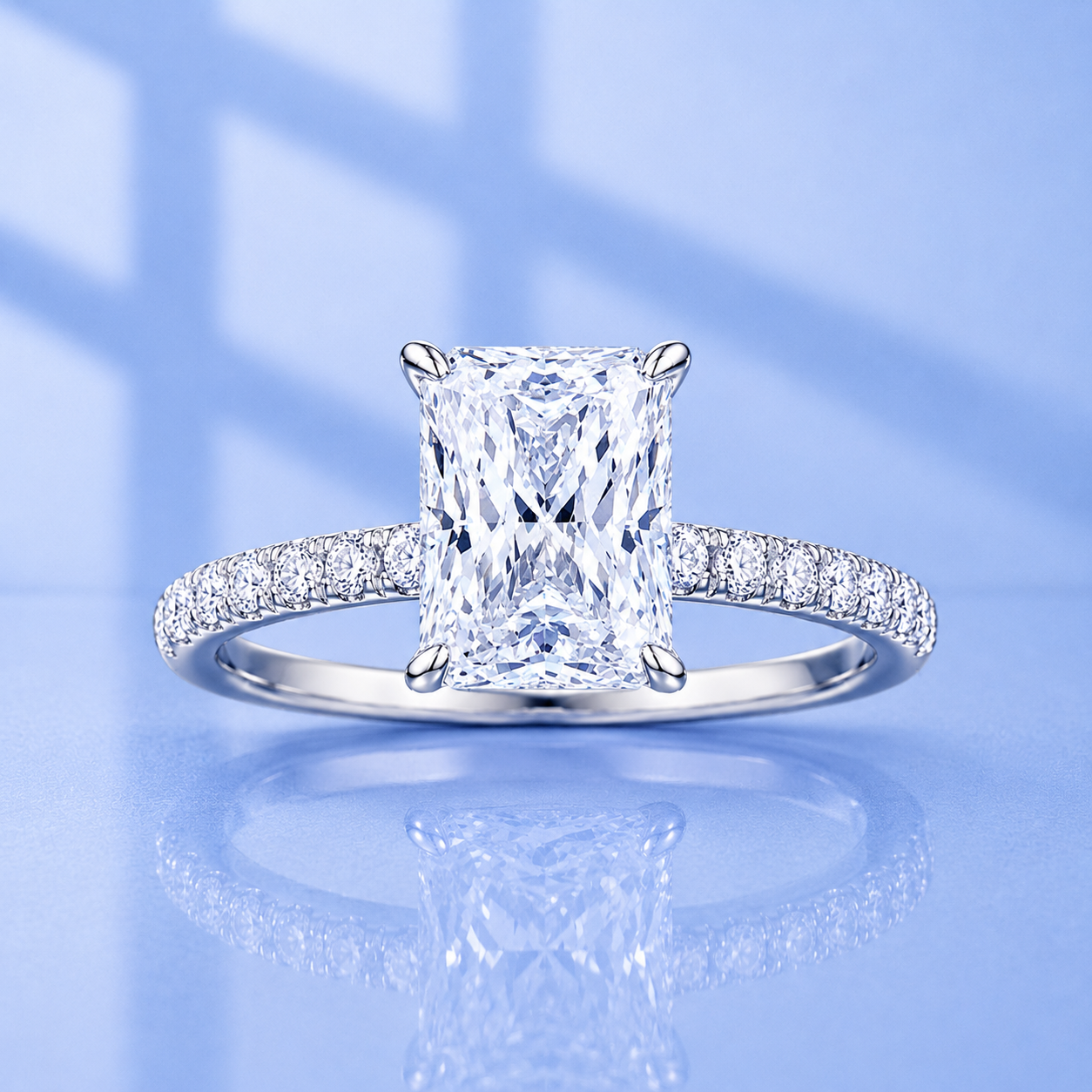 3ct Radiant Cut Moissanite Ring in French Pave Setting | S925 Silver | VVS1
