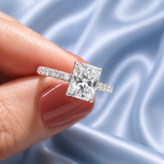 3ct Radiant Cut Moissanite French Pavé Engagement Ring | S925 Silver | D Color VVS1