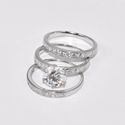 2ct Moissanite Round Cut Wedding Band Set | S925 Silver | VVS1 | 3 Rings Set