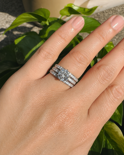 2ct Moissanite Round Cut Wedding Band Set | S925 Silver | VVS1 | 3 Rings Set