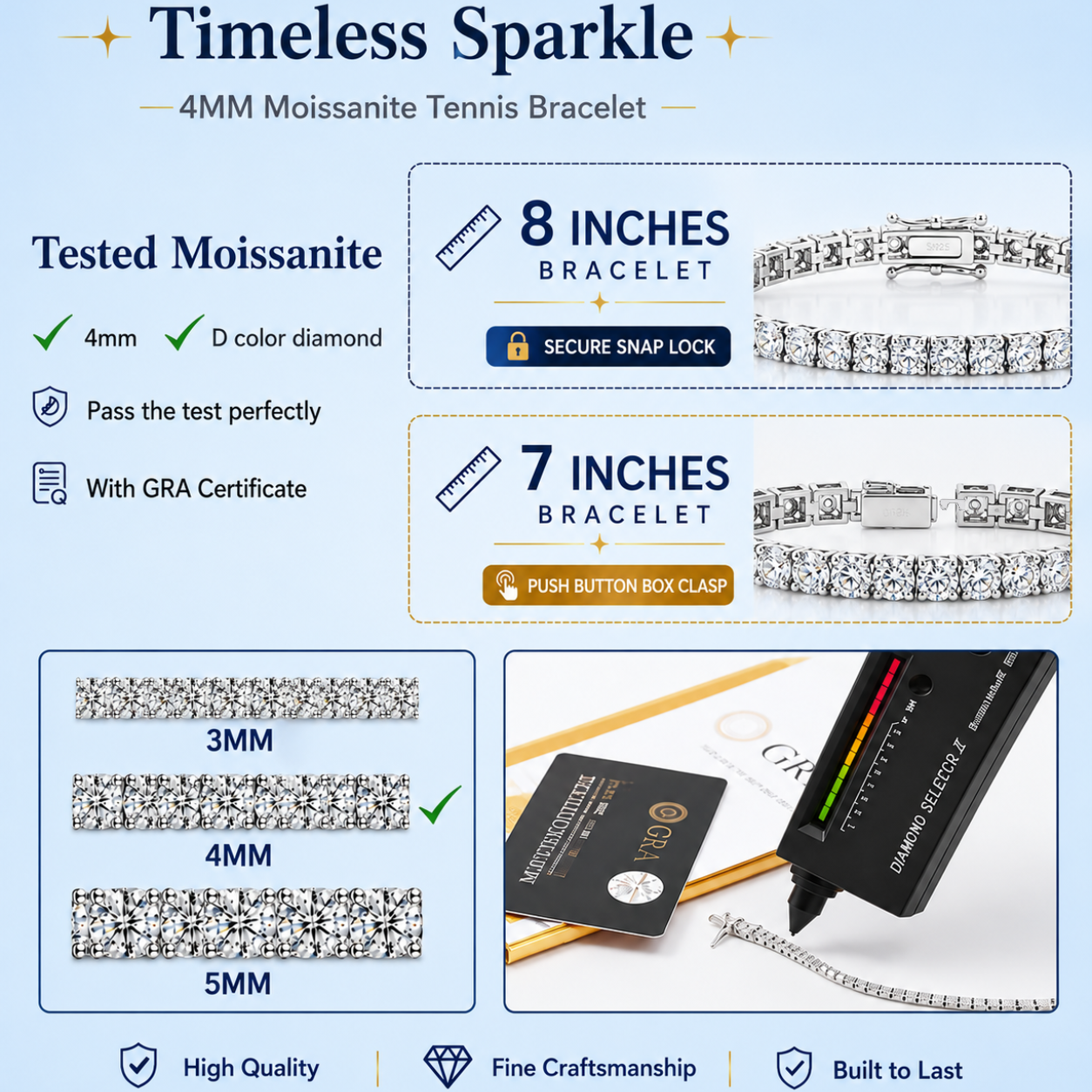 4mm Moissanite Tennis Bracelet | 925 Sterling Silver | 14CT 8" Snap Lock or 12.5CT 7" Push Button Box Clasp