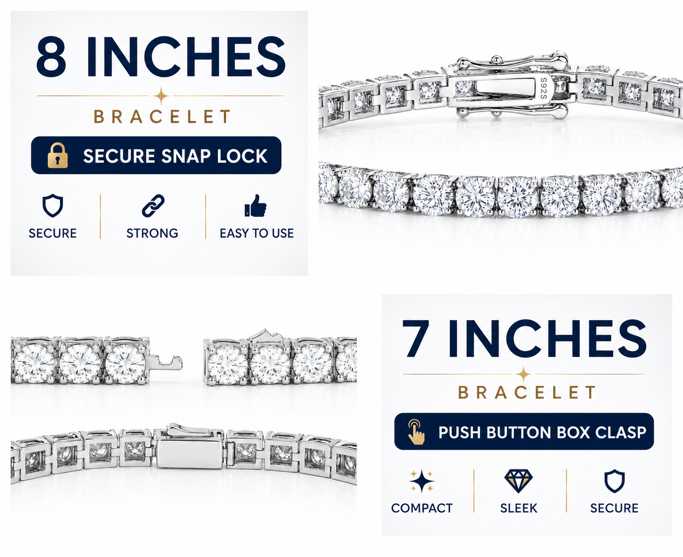 4mm Moissanite Tennis Bracelet | 925 Sterling Silver | 14CT 8" Snap Lock or 12.5CT 7" Push Button Box Clasp