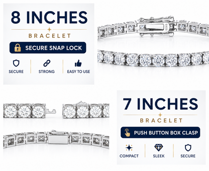 4mm Moissanite Tennis Bracelet | 925 Sterling Silver | 14CT 8" Snap Lock or 12.5CT 7" Push Button Box Clasp