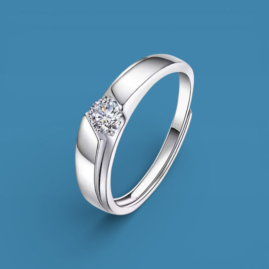 S925 Sterling Silver Moissanite Ring, 0.5Ct Diamond Equivalent, Adjustable Men's Band | LED Ring Box Included