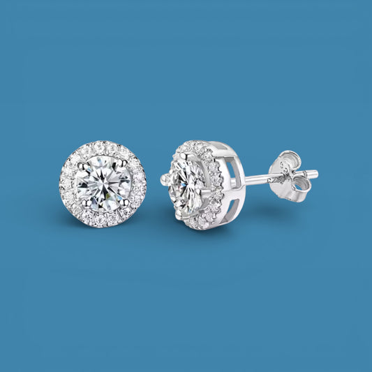 1Ct Moissanite Diamond Halo Stud Earrings for Men & Women (0.5Ct Each) | LED Ring Box Included