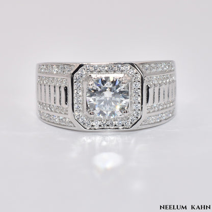 Men's 1Ct Moissanite Ring, Round Cut, 925 Sterling Silver, VVS1 Clarity, Gift Ring Box Included
