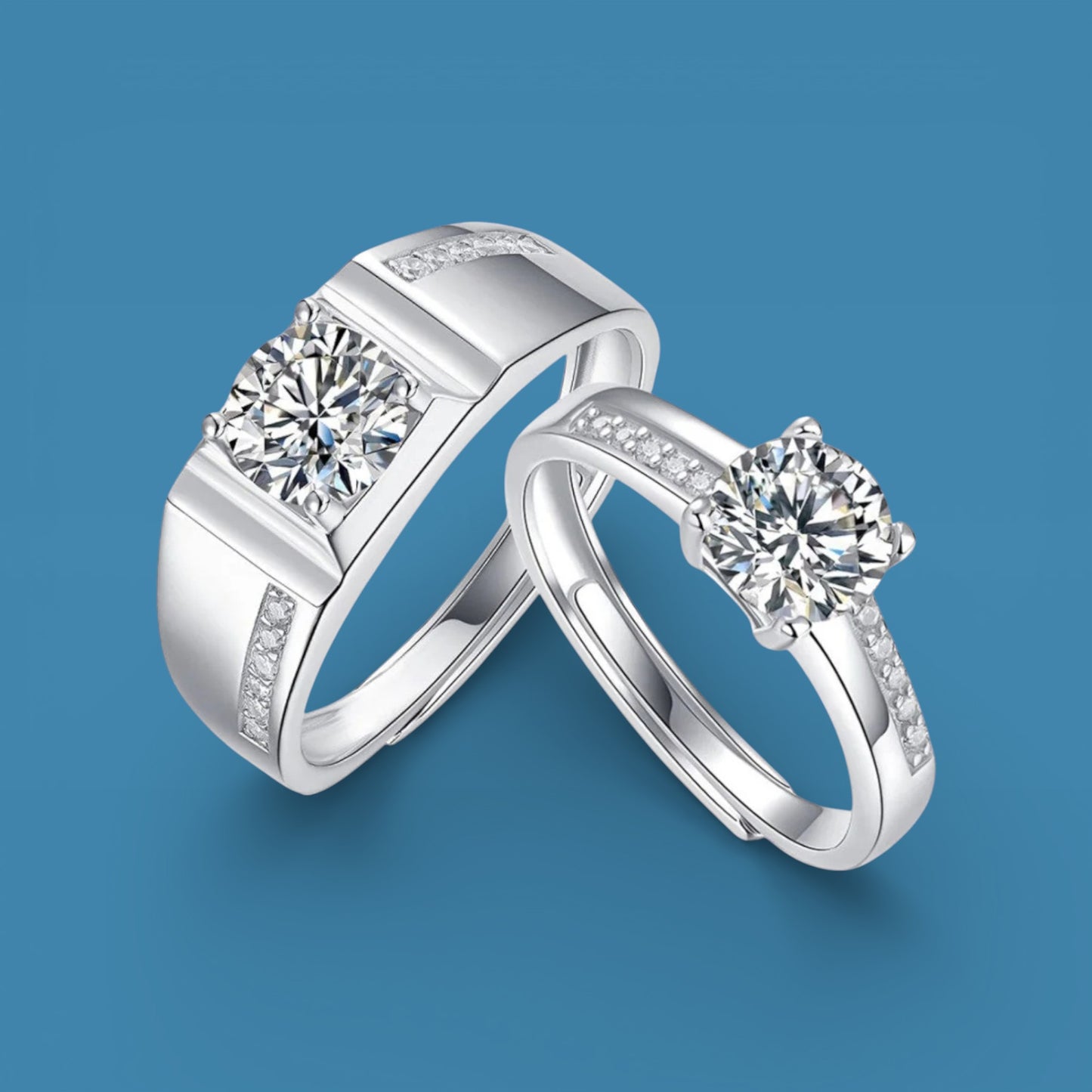 Certified 2Ct (1Ct Each) Moissanite S925 Silver Couple Adjustable Rings With Wooden Heart Ring Box