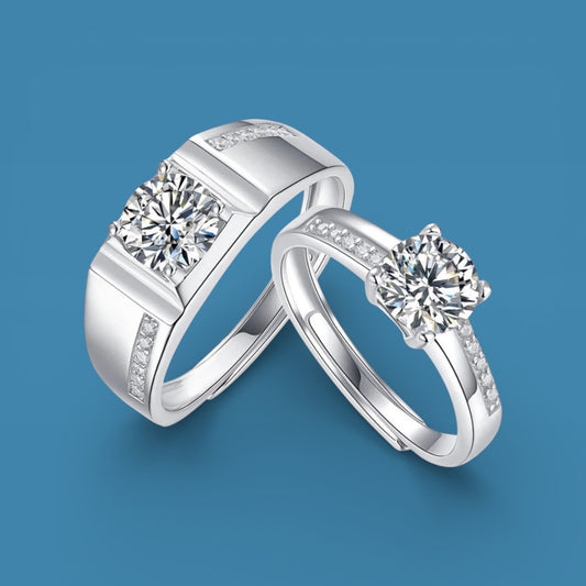 Certified 2Ct (1Ct Each) Moissanite S925 Silver Couple Adjustable Rings With Wooden Heart Ring Box