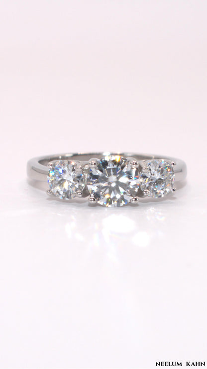 2Ct Moissanite Three-Stone Ring, 925 Sterling Silver, Round Cut, VVS1 Clarity, D Color, Gift LED Light Heart Ring Box Included