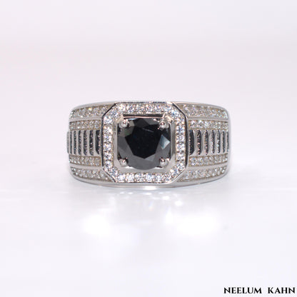 Certified 1Ct Black Moissanite Diamond Ring for Men with Gift Wooden Ring Box
