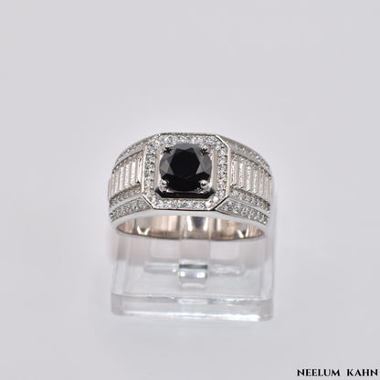 Certified 1Ct Black Moissanite Diamond Ring for Men with Gift Wooden Ring Box