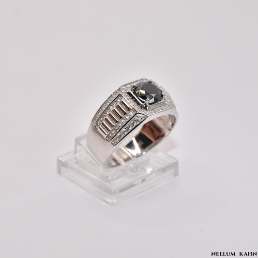 Certified 1Ct Black Moissanite Diamond Ring for Men with Gift Wooden Ring Box