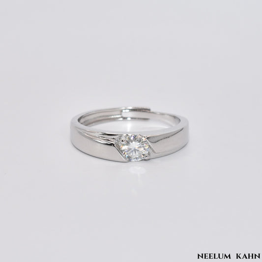 S925 Sterling Silver Moissanite Ring, 0.5Ct Diamond Equivalent, Adjustable Men's Band | LED Ring Box Included