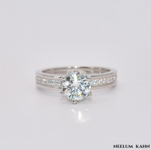Certified 1Ct Moissanite Diamond Wide Band Proposal Ring | S925 Silver White Gold Plated Ring For Women, Gift LED Ring Box