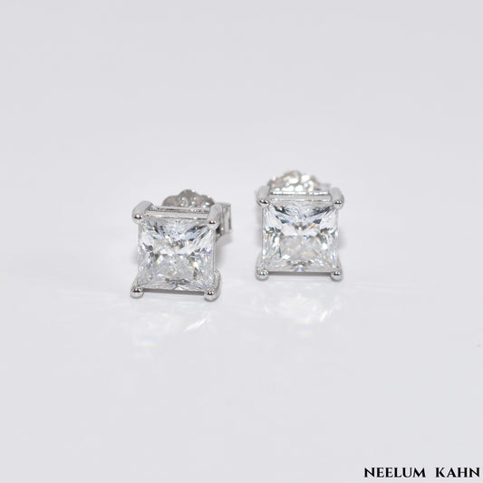 Certified 2Ct Princess Cut Square Moissanite Stud Earrings – 925 Silver for Men & Women with LED Red Heart Ring Box