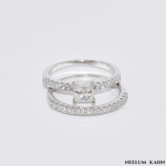 Certified 1.19Ct Moissanite Diamond Princess Cut Wedding Band Set Rings